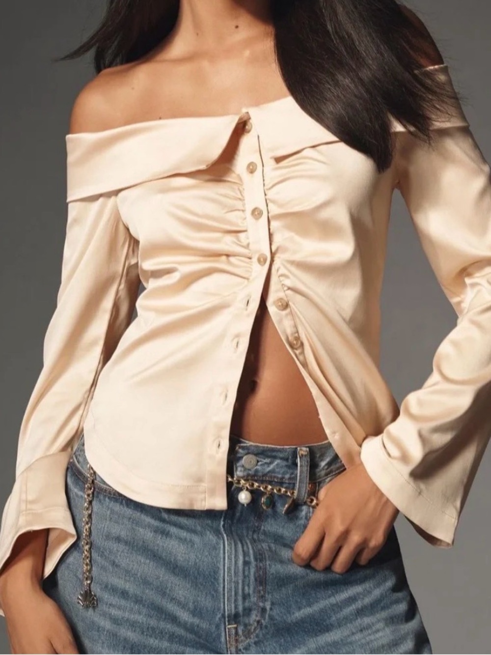 Anthropologie Cream Off-Shoulder Satin Button-Front Blouse